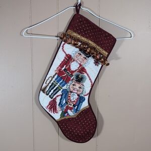 Vintage Needlepoint Stocking Nutcracker Velvet Back Tassel Red Gold Christmas